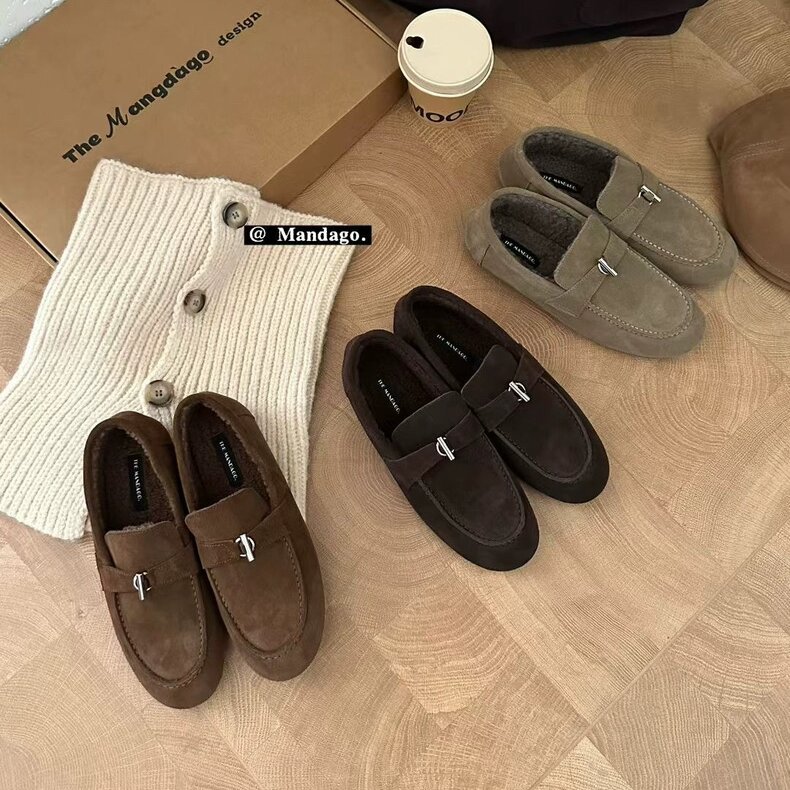 THEMANDAGO芒大果 秋冬百搭通勤金属扣乐福鞋加绒真皮单鞋豆豆鞋