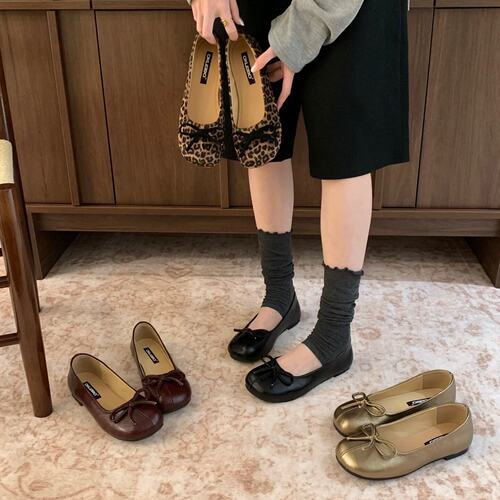 Okleibo 法式复古风蝴蝶结浅口单鞋女平底圆头芭蕾舞鞋百搭奶奶鞋