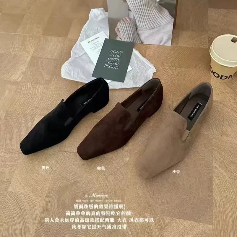 绒面方头深口单鞋百搭低跟乐福鞋