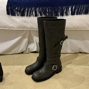 DAPAISHOW韩国小众皮带扣高筒骑士靴圆头粗跟显瘦机车靴辣妹长靴
