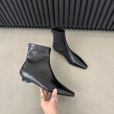 尖头坡跟短靴女后拉链低跟裸靴