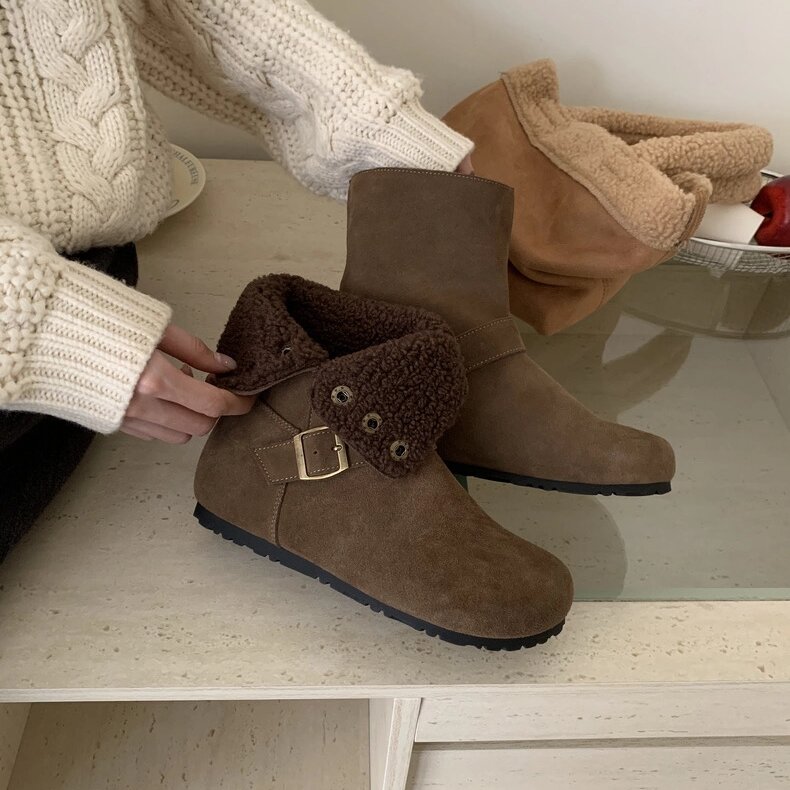 JIN XING QI 反绒皮毛绒短靴女秋冬保暖加绒勃肯靴皮带扣时装靴