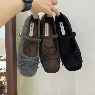 BULVJI 内增高5cm加绒玛丽珍鞋2025冬季新款毛呢方头蝴蝶结毛毛鞋