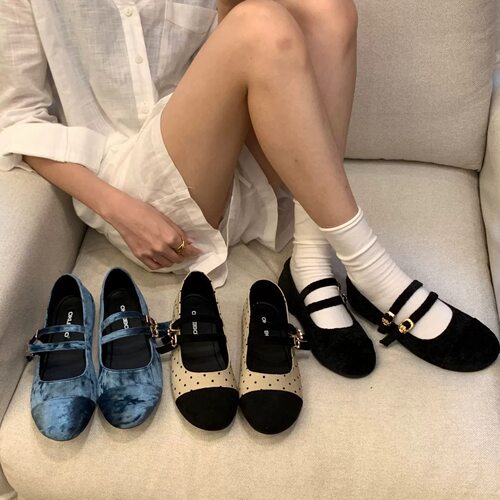 okleibo 爆款复古风圆头丝绒玛丽珍鞋女一字带扣平底浅口单鞋百搭