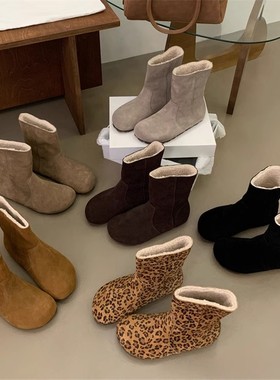 KAMIYA 文艺复古真皮翻折两穿羊羔毛厚底雪地靴加绒保暖勃肯棉鞋