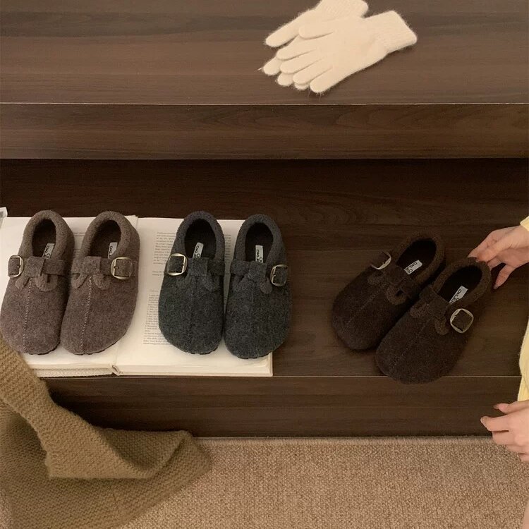 OKLEIBO莱宝森系圆头毛毛鞋女冬加绒勃肯鞋学院风棉内增高棉单鞋