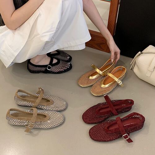 MIJILI SHOES 韩式镂空网面玛丽珍鞋女平底一字扣带透气单鞋夏季