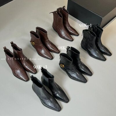 方头粗跟短筒靴百搭瘦腿马丁靴