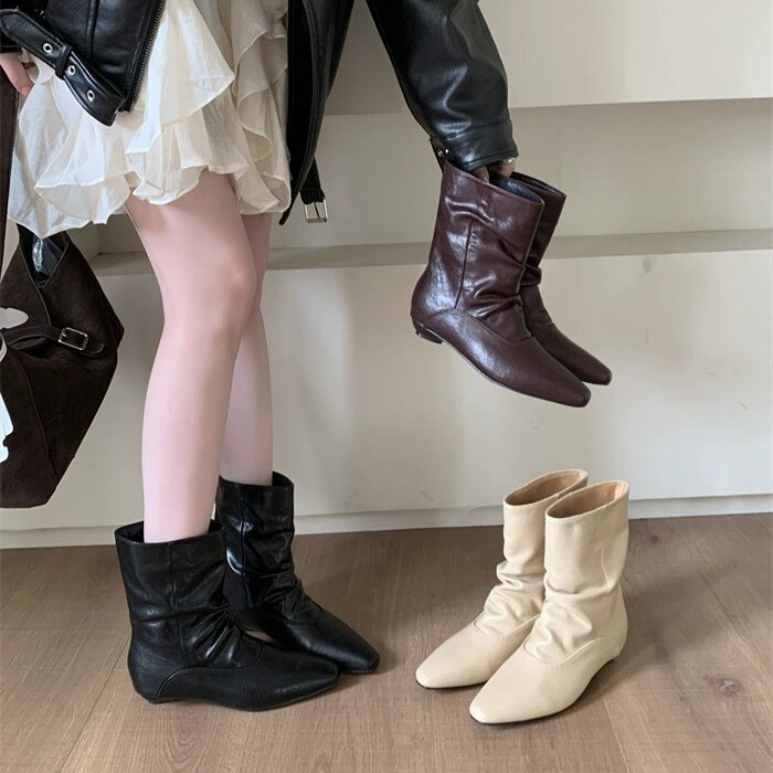 BULVJI 复古气质咖色尖头褶皱堆堆靴秋冬新款时尚百搭内增高短靴