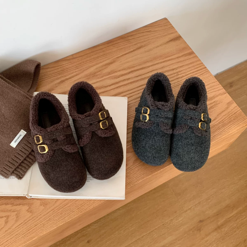 Vela复古毛呢灰色圆头皮带扣内增高勃肯鞋女羊羔毛保暖毛毛鞋棉鞋