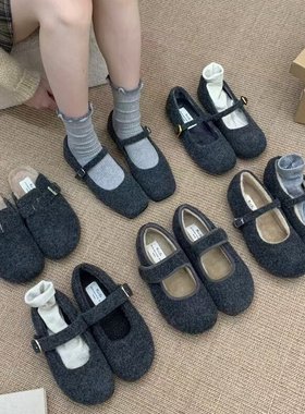 Ve&La格雷灰色系~高级感毛呢圆头加绒平底玛丽珍鞋秋冬百搭毛毛鞋