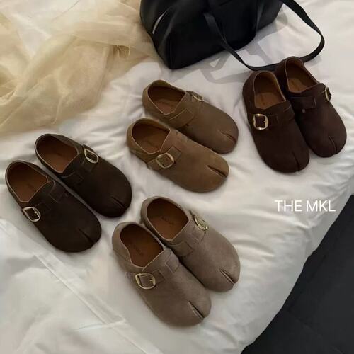 TLEMIKELIN韩系懒惰风分趾厚底一脚蹬鞋真皮懒人百搭乐福单鞋