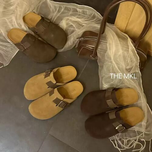 TLEMIKELIN秋冬懒惰风皮带扣软木厚底鞋复古真皮百搭包头半拖