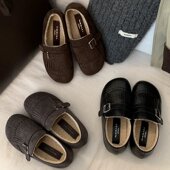 女秋冬百搭软底乐福鞋 MUMIXI 复古雕花圆头流苏皮带扣加绒小皮鞋