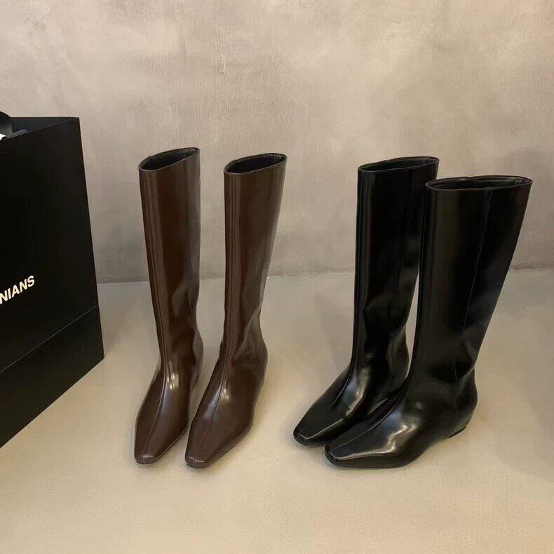 UNIDSN黑色尖头内增高直筒骑士靴秋冬季复古内增高大筒围显瘦长靴