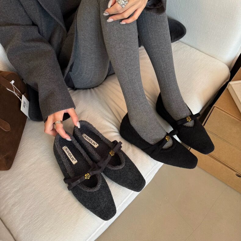 NUOQILIN法式毛呢蝴蝶结方头浅口玛丽珍鞋女秋冬加绒内增高毛毛鞋
