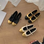 复古金色单鞋 拼色圆头玛丽珍鞋 女法式 MUMIXI 菱格一字带平底鞋 春