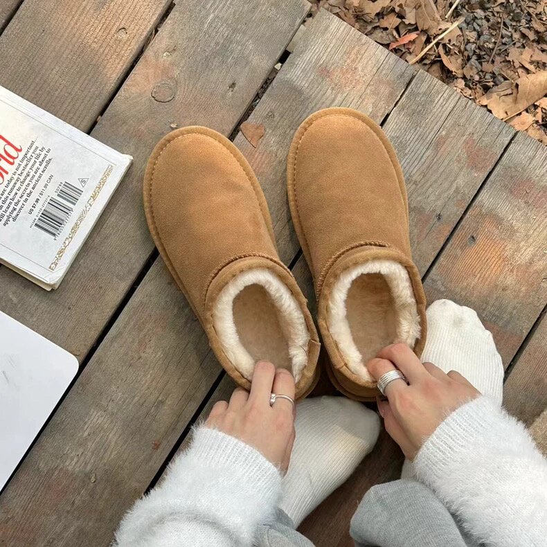 MUMIXI经典百搭真皮厚底东北雪地靴女皮毛一体加绒保暖短筒靴