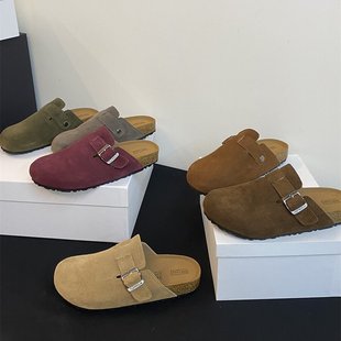厚底真皮勃肯鞋休闲外穿包头半拖鞋女鞋子2025夏季半托鞋博肯单鞋