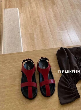 TLEMIKELIN韩版圆头十字带露趾包头凉鞋女夏厚底百搭罗马凉鞋