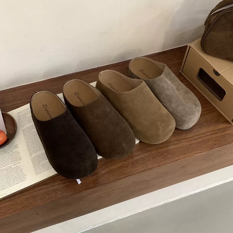 Zuyaolan真皮厚底内增高勃肯鞋女外穿小个子松糕底懒人包头半拖鞋