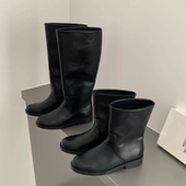 BULAGE极简风黑色套筒不过膝长靴加绒秋冬新款 真皮平跟中筒骑士靴