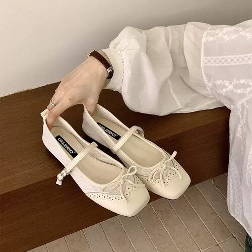 OKLEIBO莱宝复古雕花蝴蝶结芭蕾舞鞋子女夏季网面拼接复古玛丽珍