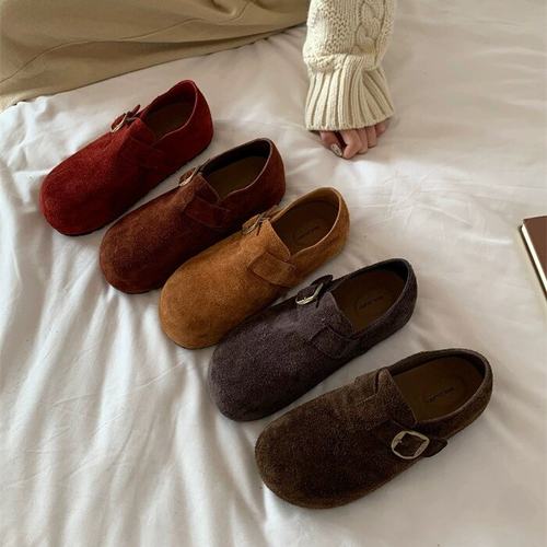 BEILIXUAN4cm内增高厚底勃肯鞋女2025新款复古真皮一脚蹬乐福单鞋