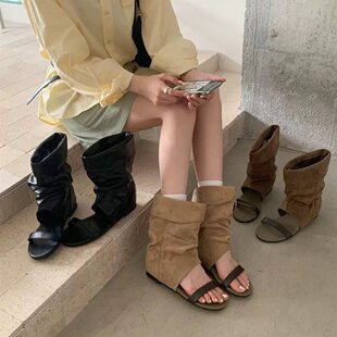 GeGèLV 2026韩版堆堆靴女夏季外穿露趾中筒凉靴内增高休闲时装靴