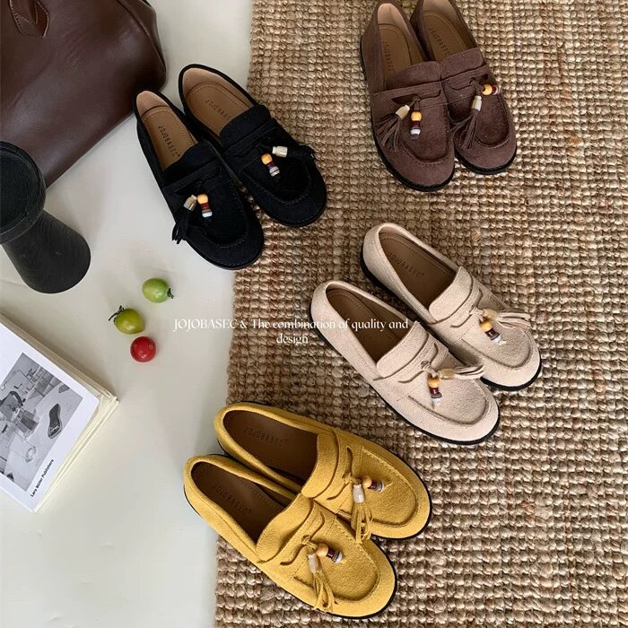 JOJOBASEC 韩版圆头流苏粗跟乐福鞋2025新款学院风懒人百搭单鞋女
