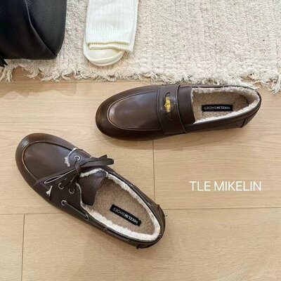 TLEMIKELIN复古老钱风真皮系带乐福鞋女英伦风圆头加绒保暖豆豆鞋