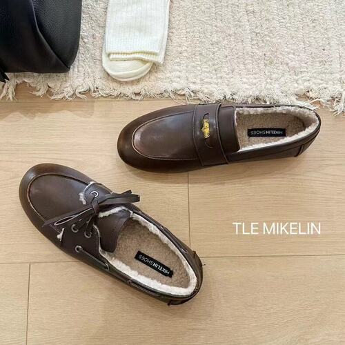 TLEMIKELIN复古老钱风真皮系带乐福鞋女英伦风圆头加绒保暖豆豆鞋