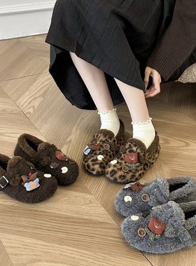 KAMIYA可爱小熊毛绒勃肯鞋女加绒保暖一脚蹬懒人毛毛鞋包头拖鞋