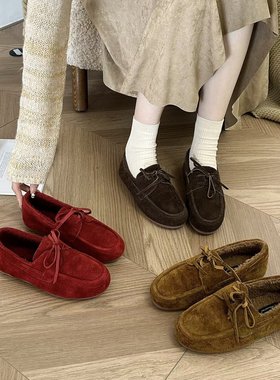 KAMIYA 文艺范~系带乐福鞋女平底加绒豆豆鞋一脚蹬懒人毛毛鞋