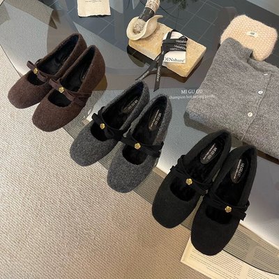 MIGUGU米谷谷法式茶花蝴蝶结内增高玛丽珍鞋女秋冬加绒保暖棉鞋