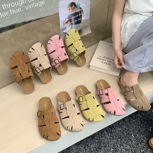 KAMIYA实穿主义~真皮镂空厚底勃肯凉拖鞋女夏休闲百搭包头半拖鞋
