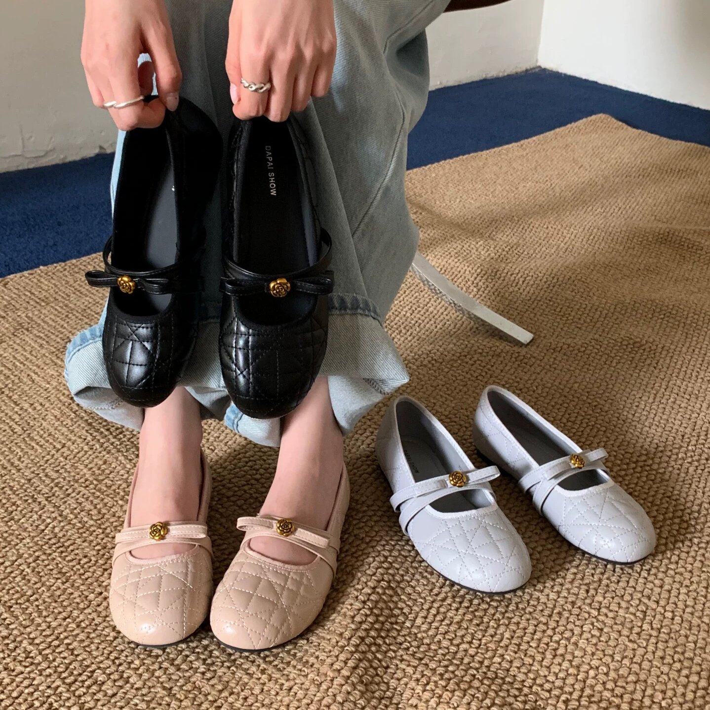 Dapai Show 2026韩版一脚蹬玛丽珍鞋女搭扣菱格纹蝴蝶结平底单鞋,女鞋,浅口单鞋,淘宝优惠券,粉丝福利购,淘宝优惠卷