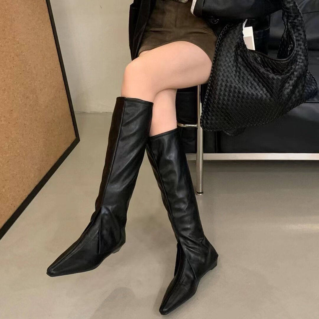 尖头长靴女2025秋冬季新款女靴子低跟高筒靴平底不过膝高筒瘦瘦靴,女鞋,时装靴,淘宝优惠券,粉丝福利购,淘宝优惠卷