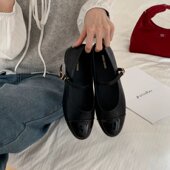 MUMIXI 女百搭通勤浅口玛丽珍鞋 韩版 平底圆头漆皮拼接一字带单鞋