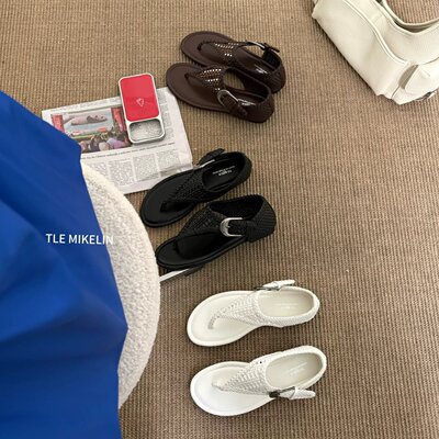 TLE MIKELIN 韩版编织搭扣夹趾凉鞋女夏2026年新款百搭休闲凉拖鞋
