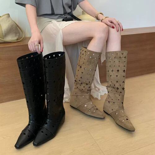 MIJILI SHOES 欧美风新款镂空高筒骑士靴女夏季尖头高跟时装靴子