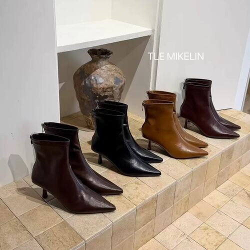 TLEMIKELIN法式气质尖头细跟高跟瘦瘦靴秋冬百搭软皮短靴