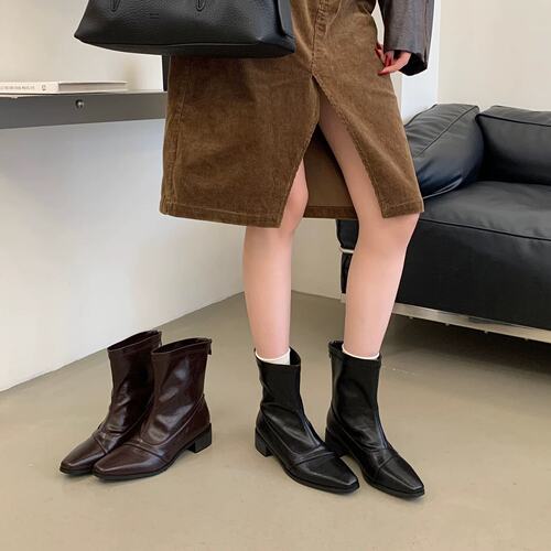 MIJILI SHOES 爆款法式复古风方头粗跟短靴百搭时装靴瘦瘦靴棕色