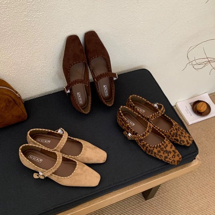 休闲方头显瘦平底玛丽珍鞋子