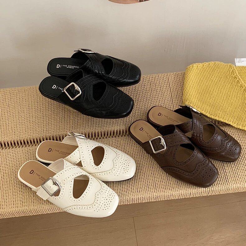 THEDOUDOU 复古布洛克雕花包头半拖鞋小众方头交叉带软底穆勒鞋女,女鞋,包头拖,淘宝优惠券,粉丝福利购,淘宝优惠卷