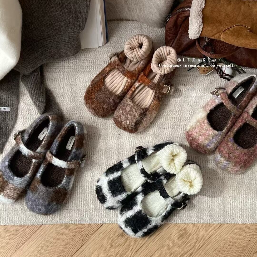 格纹毛呢玛丽珍鞋冬季加绒棉鞋