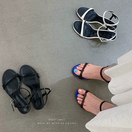 MUSI BY MLC 韩式简约细带一字扣露趾凉鞋女夏防滑细跟气质配裙鞋