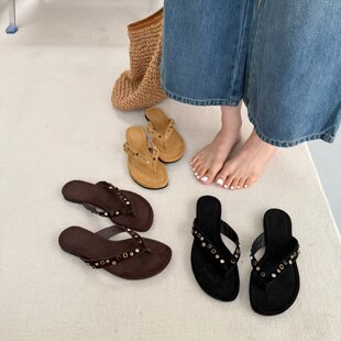 Lamode度假风柳钉夹趾人字拖鞋女夏波西米亚风休闲百搭沙滩凉拖鞋