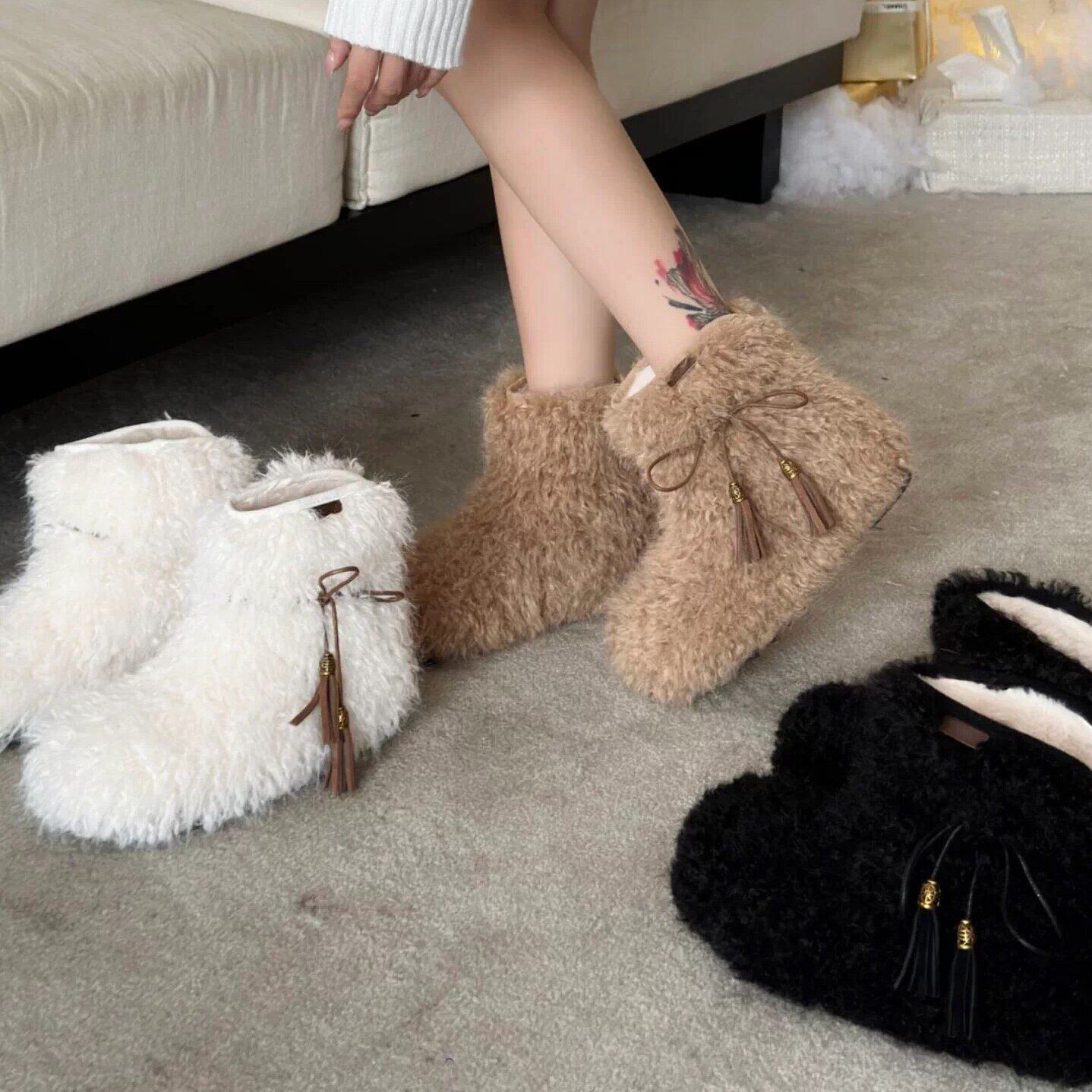 韩版毛绒短靴女秋冬厚底绑带流苏保暖增高小个子时装靴子