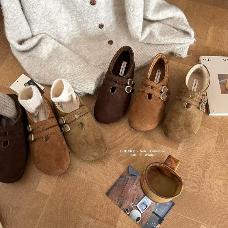 LUDAKE鹿大可 丑萌双扣加绒博肯鞋女秋冬新款保暖平底舒适棉单鞋,女鞋,浅口单鞋,淘宝优惠券,粉丝福利购,淘宝优惠卷